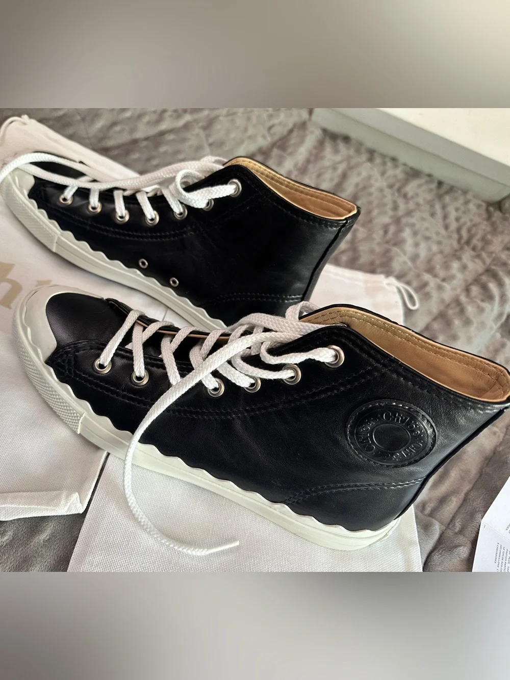 RARE NIB Chloé Black Lambskin Leather High-Top Sneakers with scalloped sole